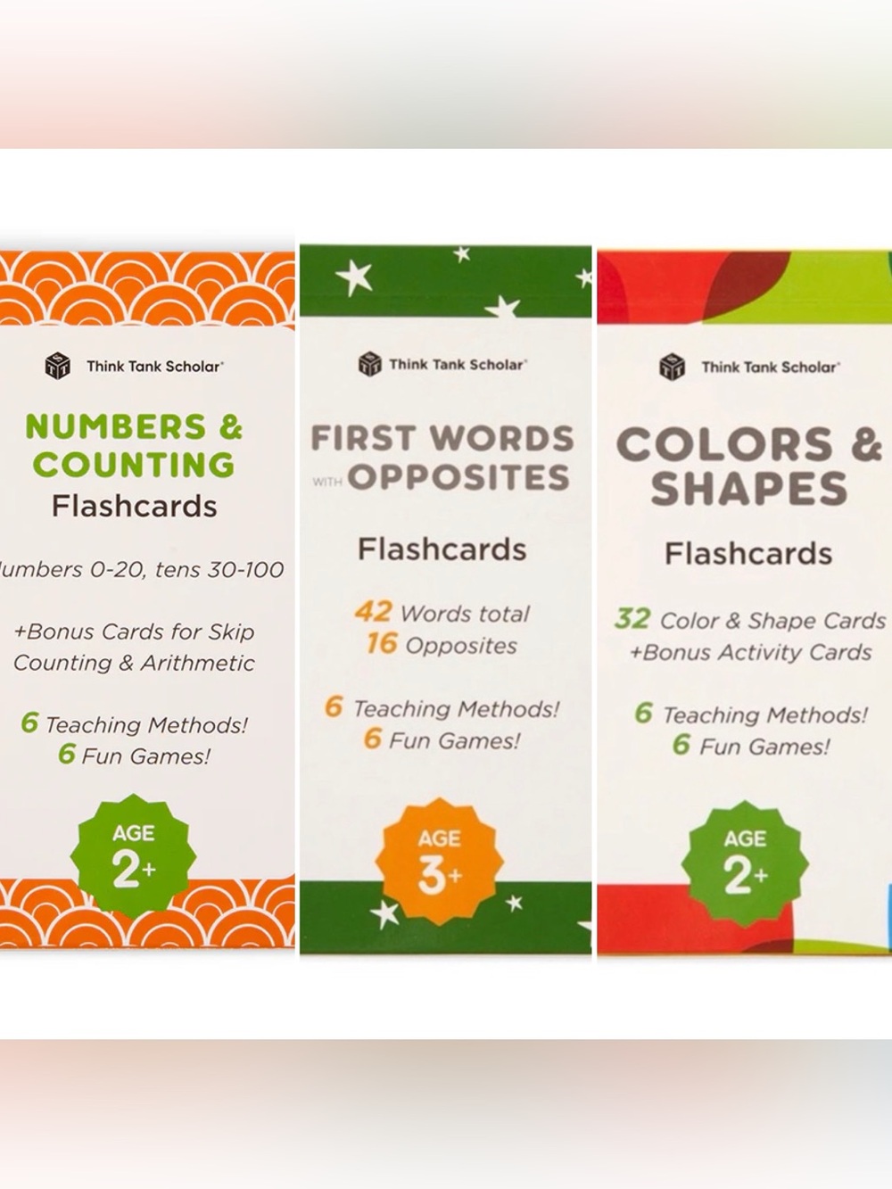Pre-School Flashcard 3 PACK - Colors & Shapes + First Words Opposites + Numbers